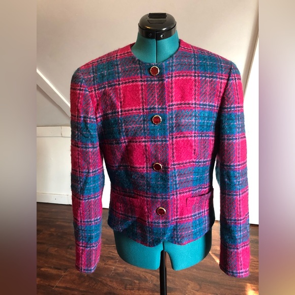 🧺Vintage Pendleton Pink & Navy Plaid Wool Blazer w/ Buttons, size 10 - Picture 4 of 6